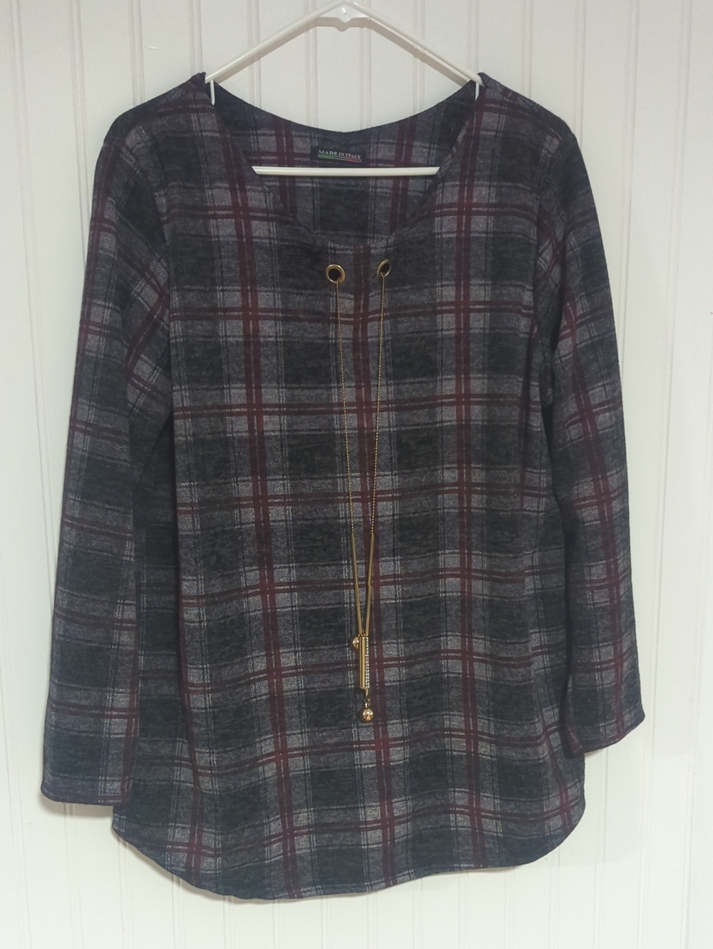 Plaid Tunic Top - Gray & Burgundy - Made in Italy